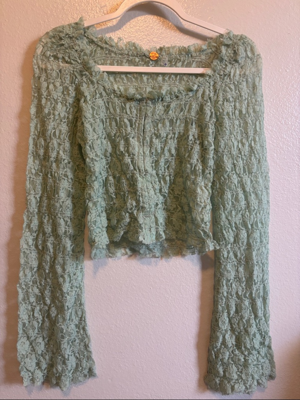 Free People Mint Green Madison Sheer Smocked Lace Top XL - Picture 6 of 9